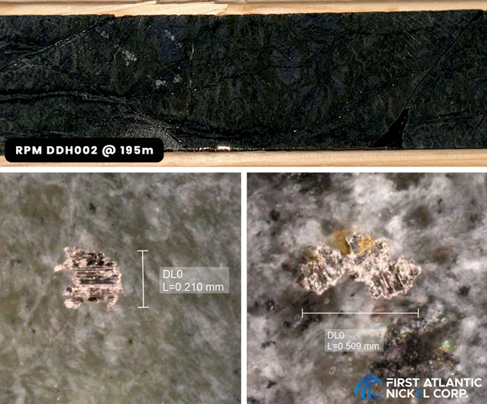 Core sample from drill hole RPM-DDH002 at a depth of 195 meters, featuring visible awaruite. The lower images showcase magnified views of the awaruite grains, with sizes ranging between 210 and 509 microns.