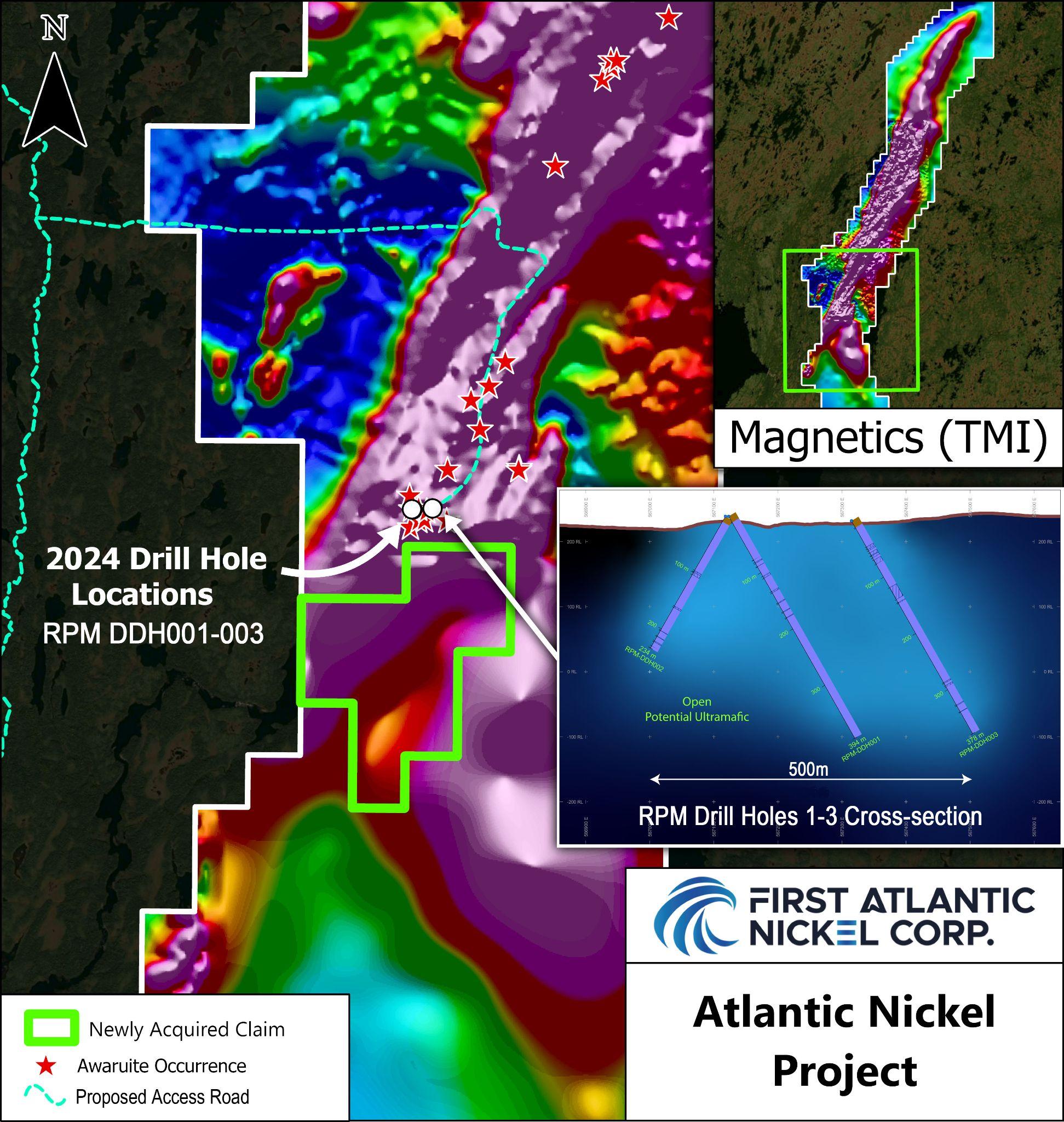 Claim location map showing RPM-South claims to be 100% purchased by First Atlantic. The Claims are located adjacent to recent discoveries at the RPM Zone and form a critical piece of the Company's long term Atlantic Nickel development plans.