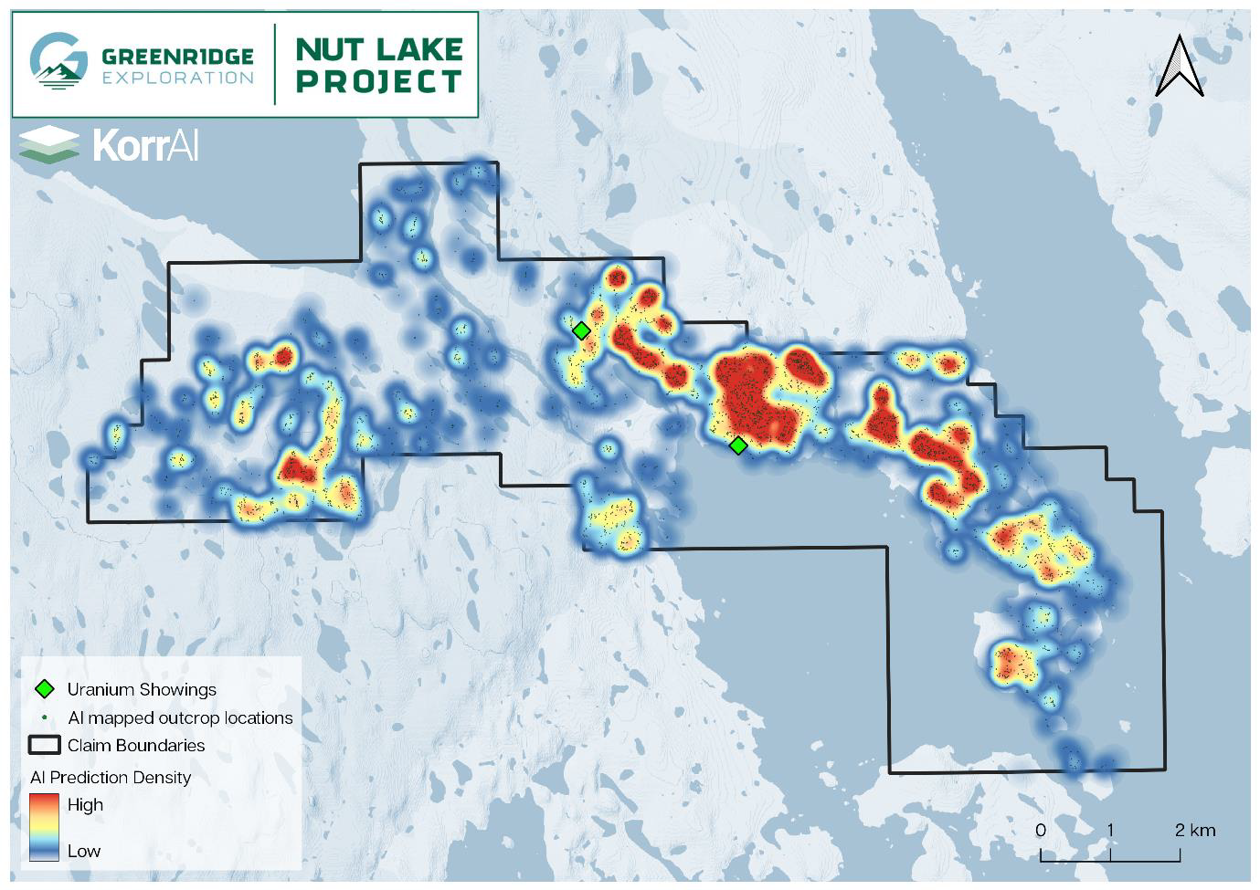 Heat-map of AI predicted outcrops across the Nut Lake Project, overlain by previously known uranium showings