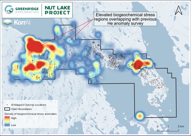 Greenridge's Nut Lake Property boundary with AI-mapped outcrop and satellite-derived zones of elevated biogeochemical stress.