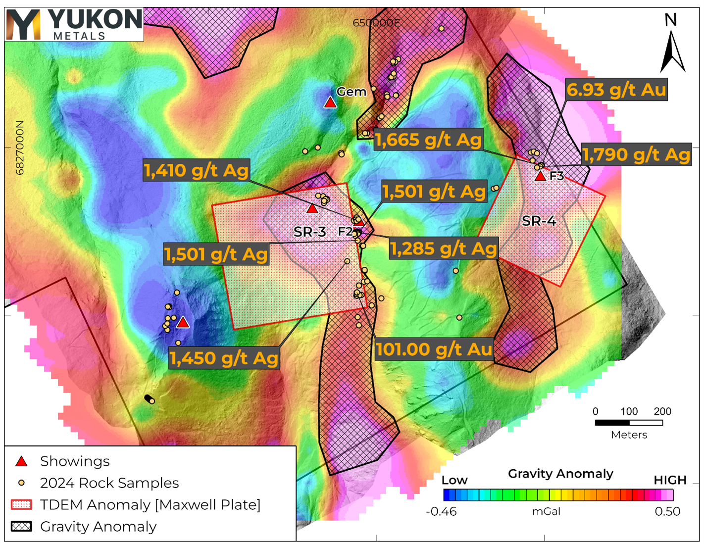 A plan-view map of the Bouguer Gravity Anomaly with arrows showing overlapping TDEM and Gravity highs (results for density of 2.70 g/cm³ with a 100 m upward continued trend removed)