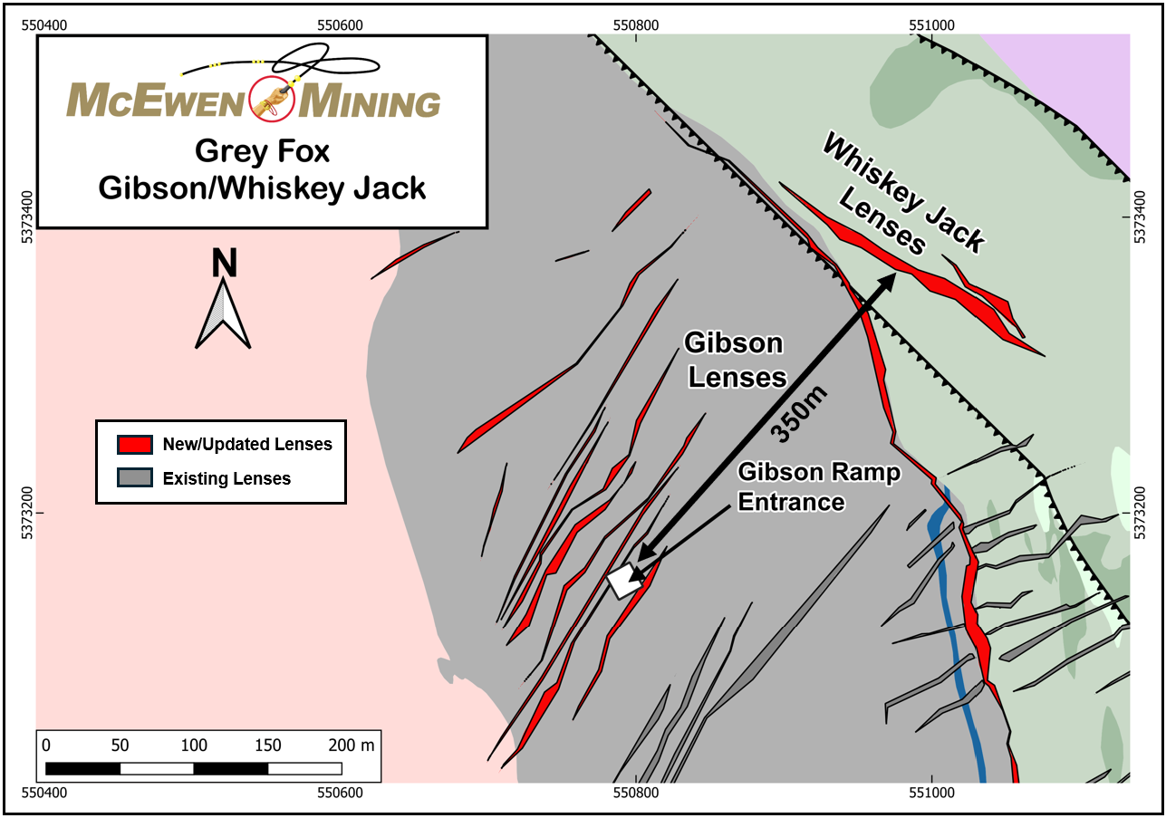 Figure 3. Zoomed in Plan View Map for the Gibson & Whiskey Jack Zones at Grey Fox, Showing New (Red) and Existing (Grey) Lenses.