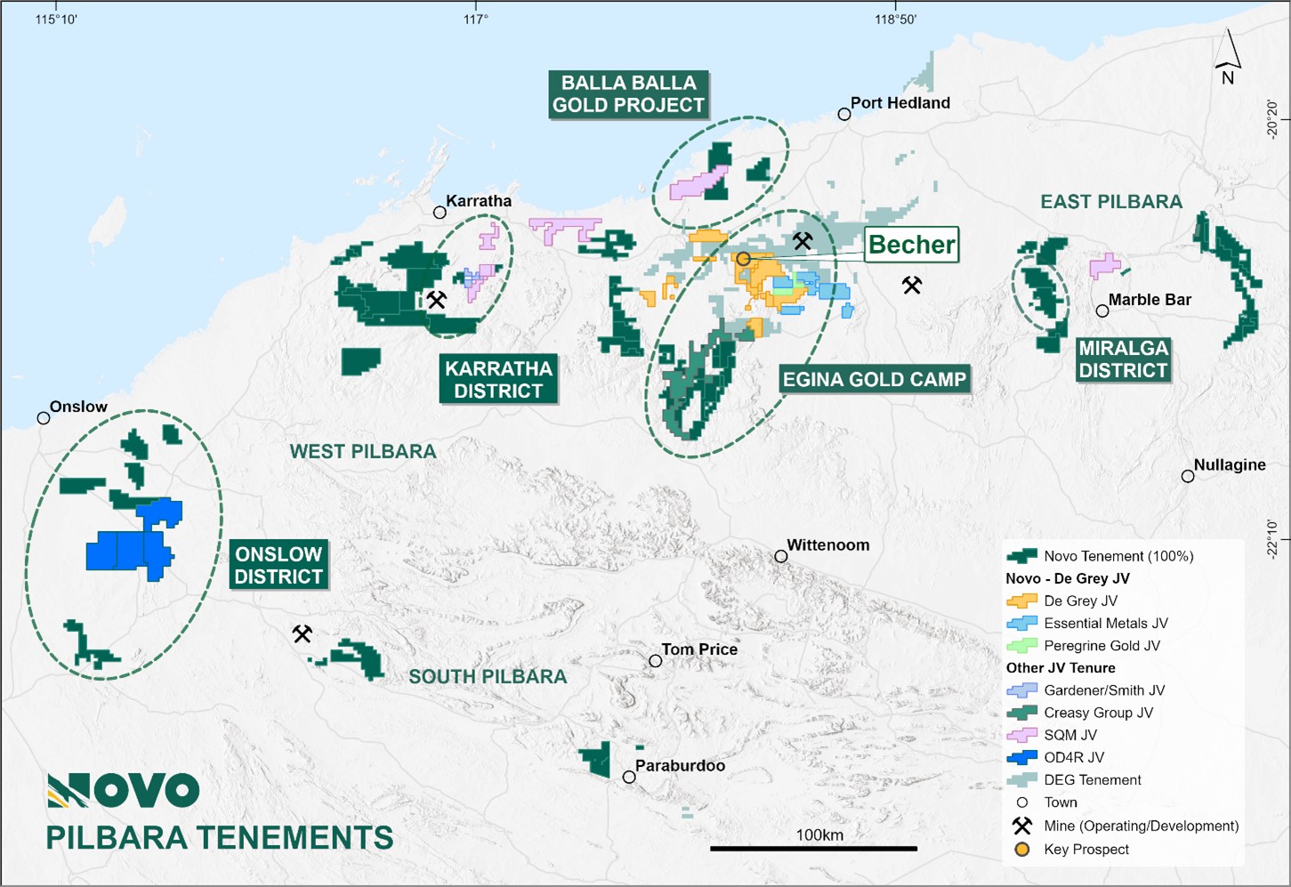 Location of Novo Pilbara tenure, noting the Onslow District and the Toolunga Project including the Odette 4 Rocklea and Novo 100% Applications