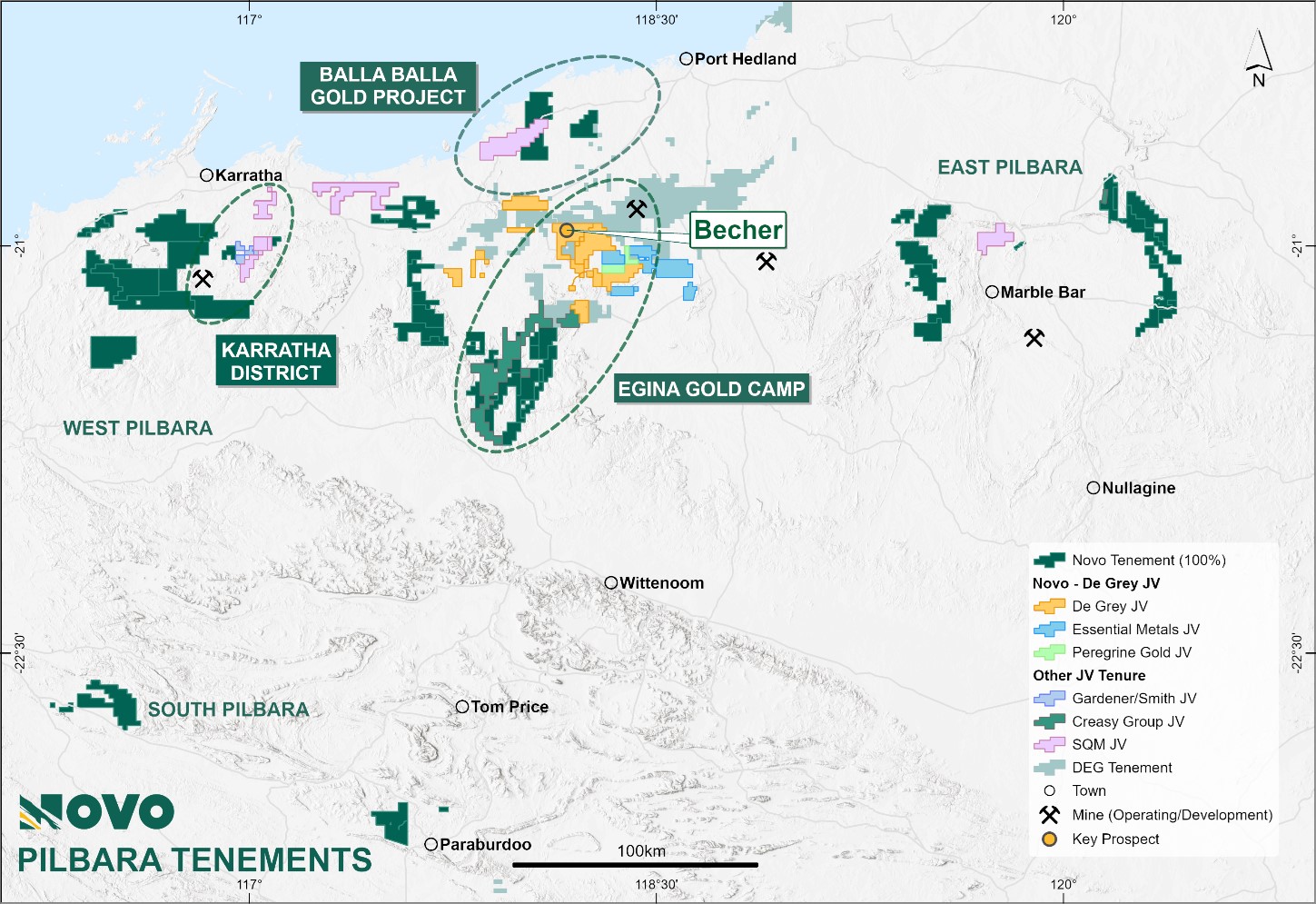 Novo Pilbara tenure showing main projects and significant prospects.