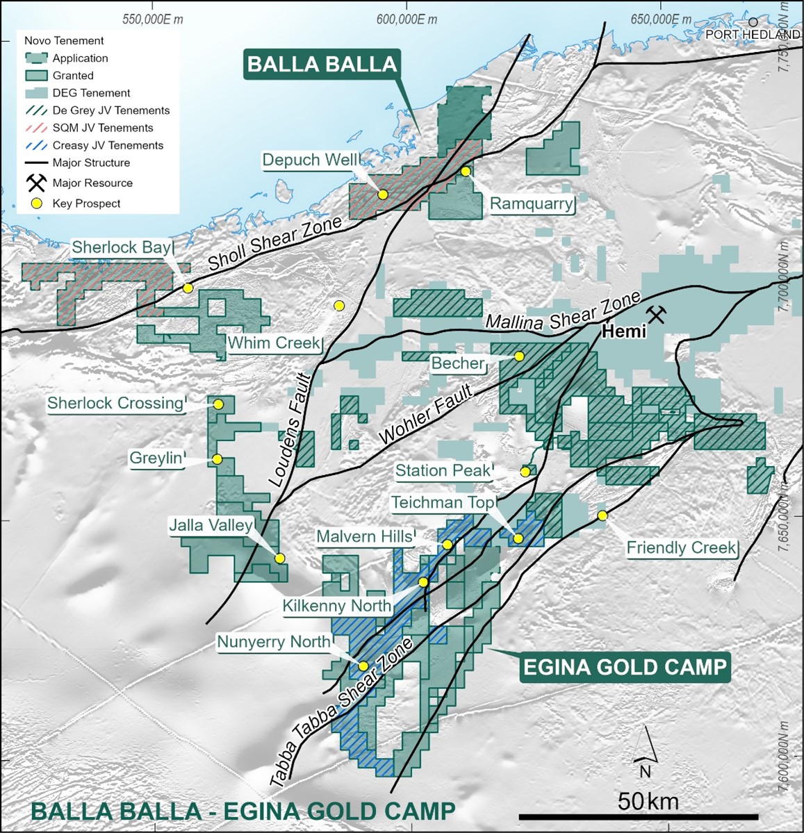 Location of the Egina Gold Camp and Balla Balla Gold Project tenure with major structural corridors over aeromagnetic imaging.