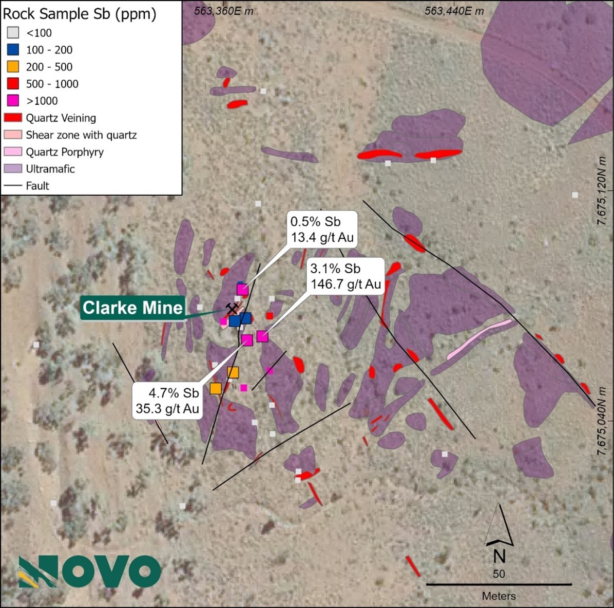 Rock sample Sb results over mapped geology at Sherlock Crossing. Latest results are shown as larger squares.