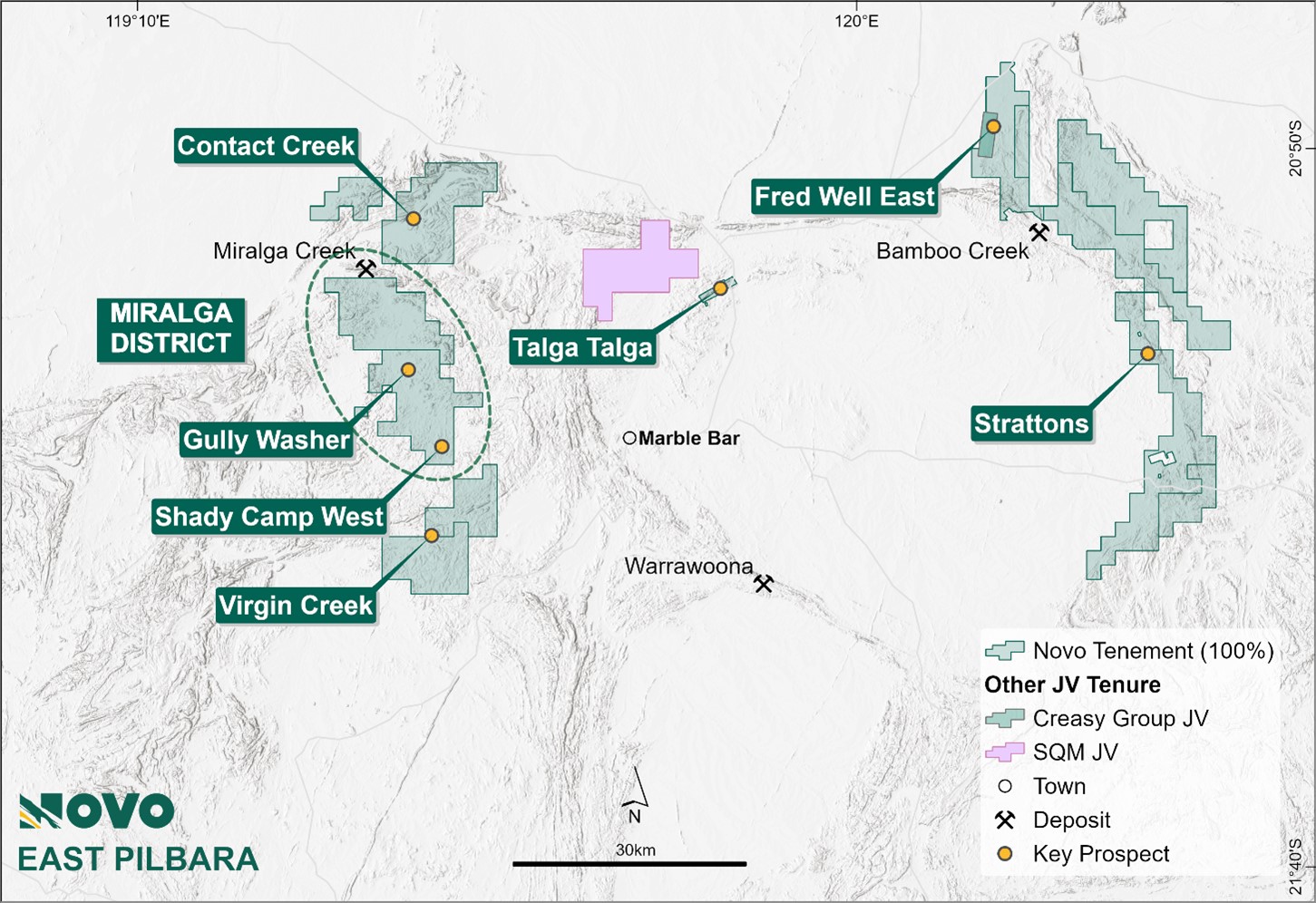 East Pilbara tenement location map, showing Miralga District and key prospects.