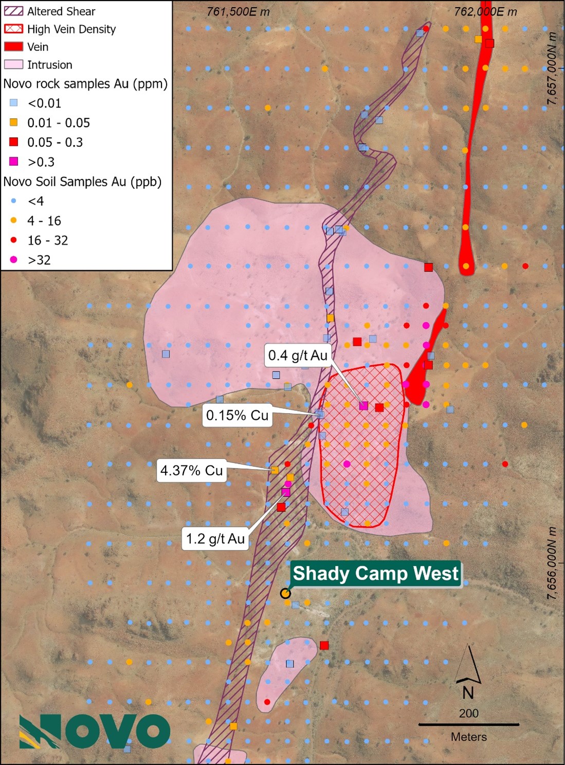 Gold soil geochemistry over simplified geology at Shady Camp West.