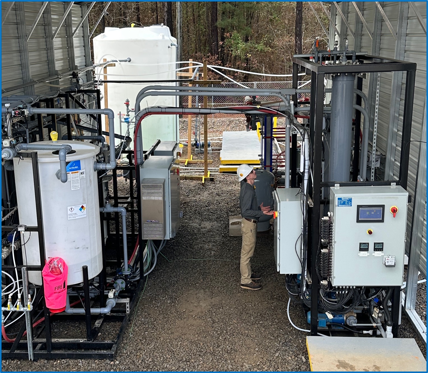 Close-up of the brine conditioning and DLE steps at the field-based pilot plant.