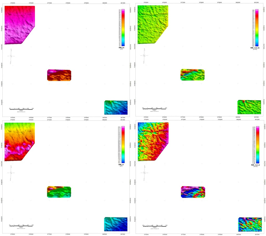 TOP LEFT: Residual magnetic intensity using a linear colour stretch; TOP RIGHT: First vertical derivative of the residual magnetic intensity using a linear colour stretch; BOTTOM LEFT: Residual magnetic intensity with a non-linear colour stretch; BOTTOM RIGHT: First vertical derivative of the residual magnetic intensity with a non-linear colour stretch.