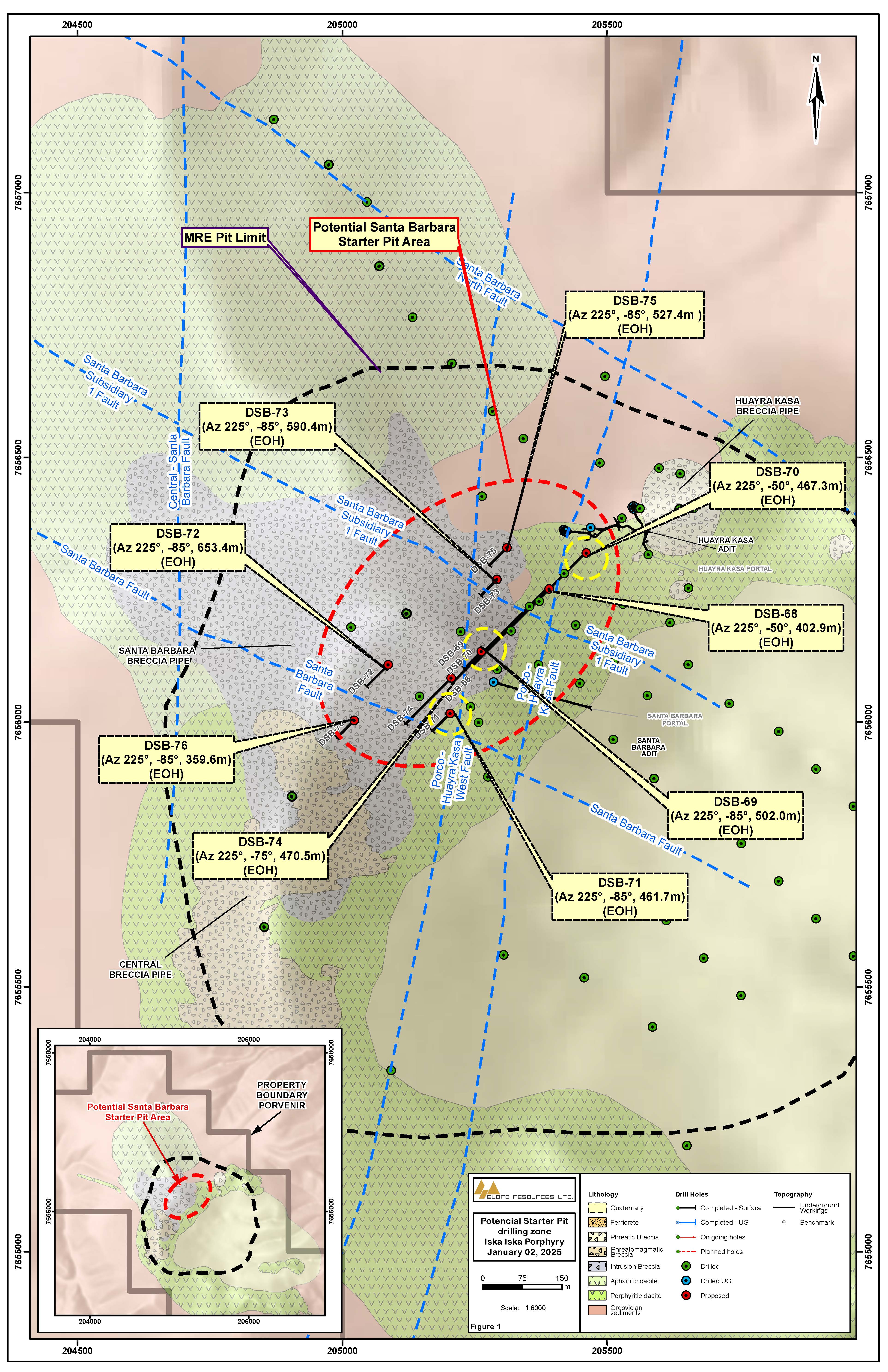 Location Map of Definition Diamond Drill Holes, Santa Barbara, Iska Iska. Yellow circles highlight the location of holes in this release.