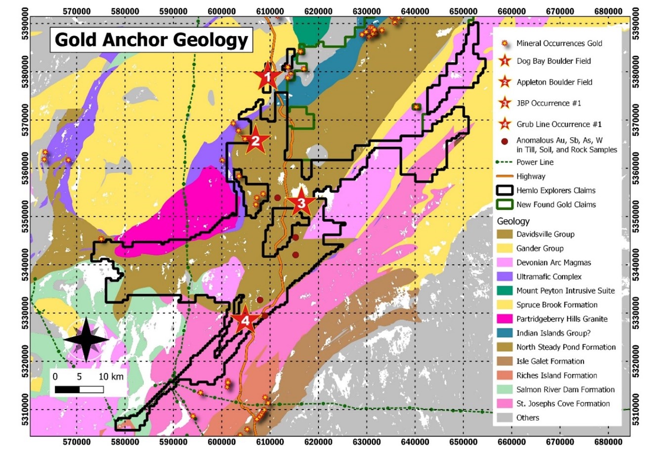 Recent Gold Discoveries at Gold Anchor (red stars, red dots)