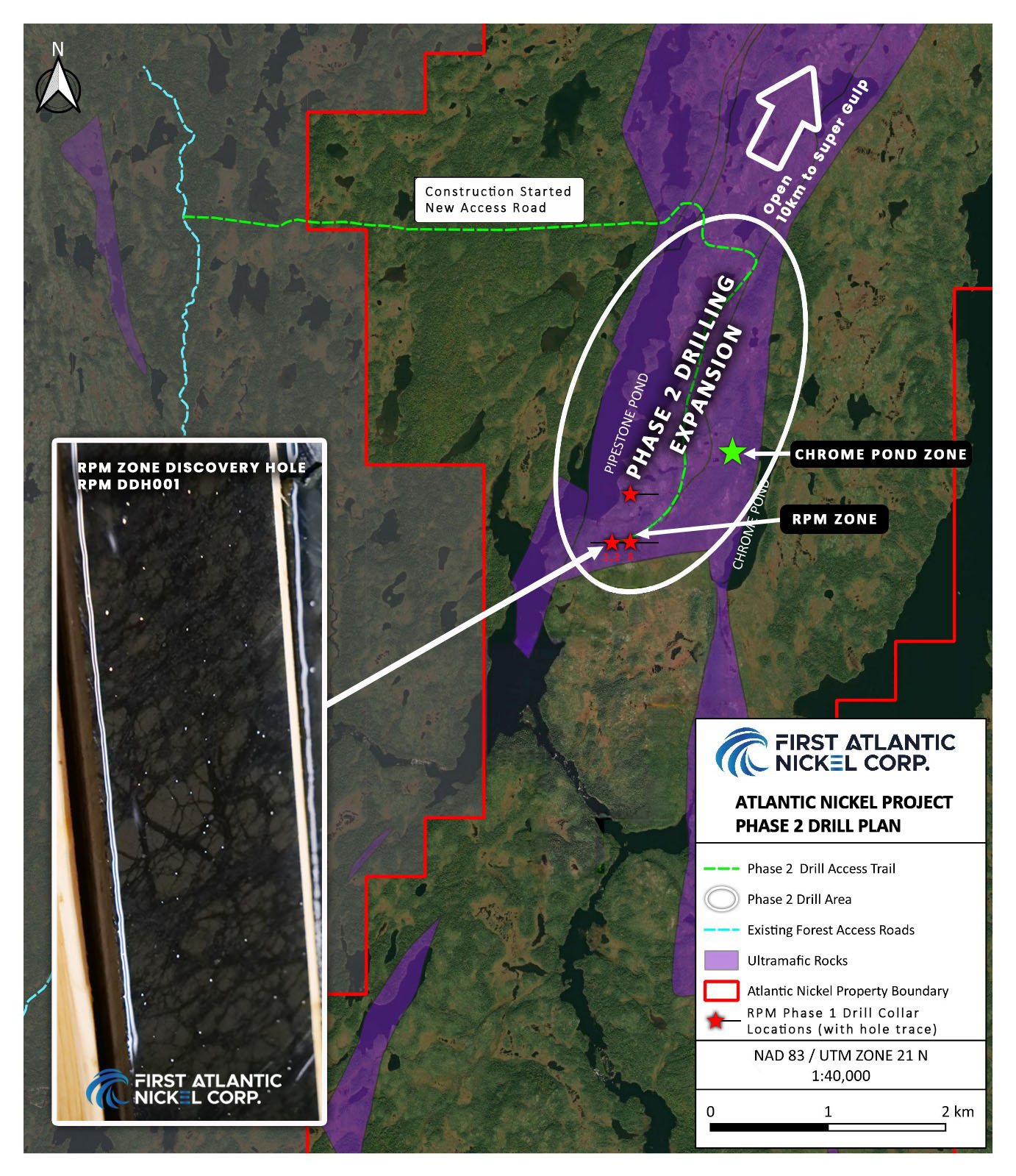 Phase 2 Drill Planning Map, showing new road access to RPM Zone at the southern end of the 30 km Pipestone Ophiolite Complex, Atlantic Nickel Project.