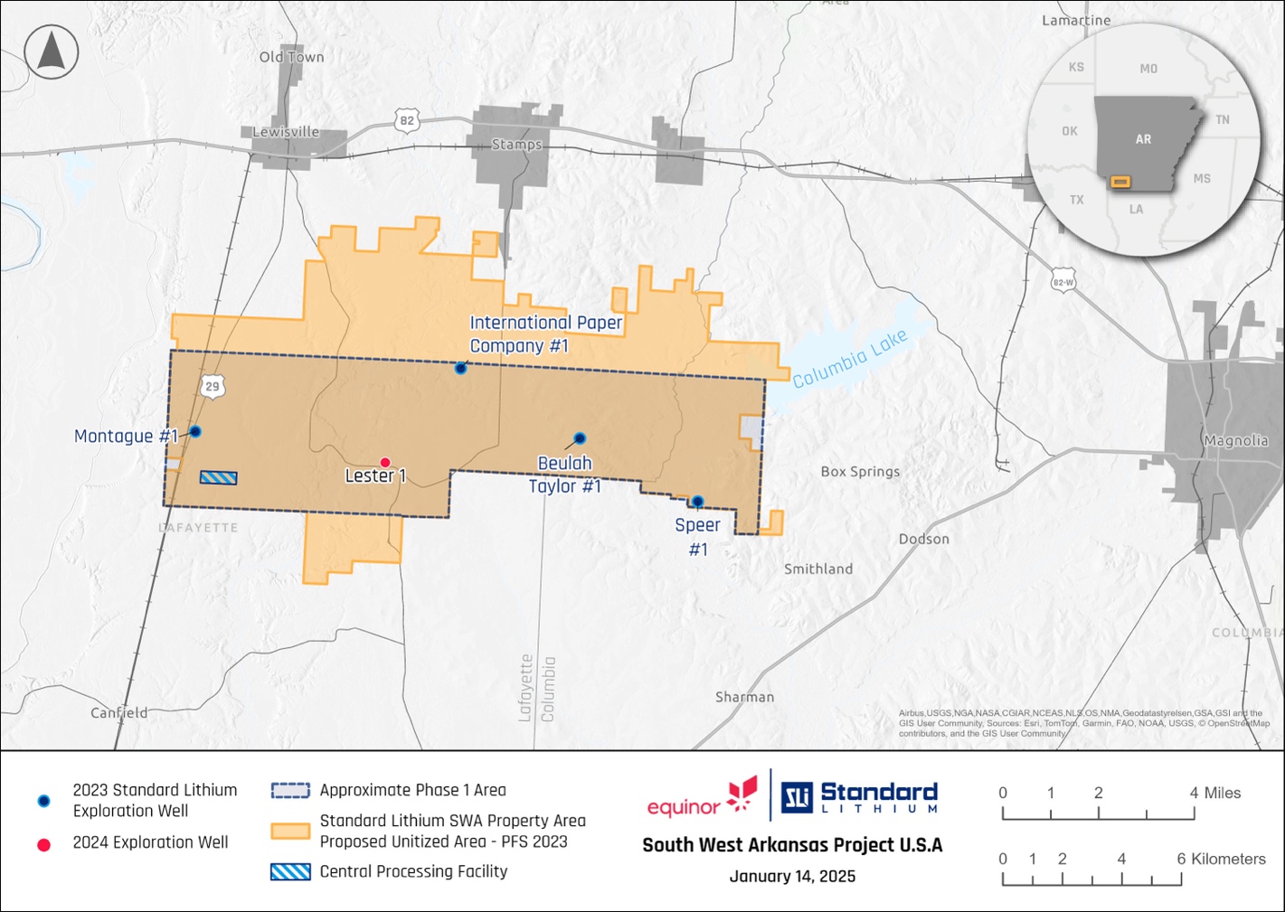 Map showing location of the Lester-1 well currently being drilled by the SWA team; plus locations of existing 2023 wells being tested and resampled as part of the current field program. The dashed grey box represents the approximate region of SWA Lithium’s proposed first area of operation at the Project in southwestern Arkansas. The hatched box of the central processing facility shows the land owned by SWA Lithium that will be used to house all the process facilities for the Project.