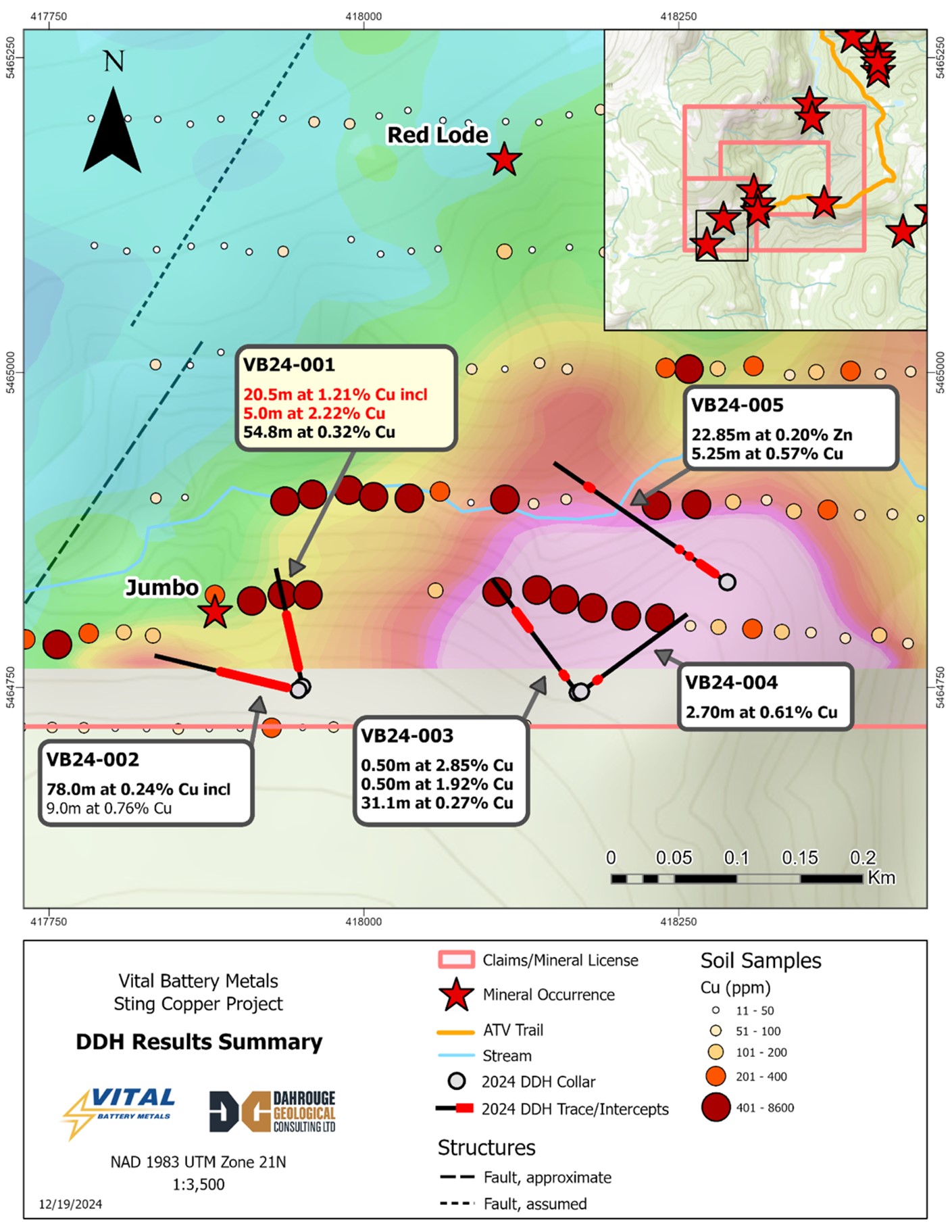 Sting Copper Project drilling results overview. Chargeability results at 100m depth from this year’s IP survey are shown in the background.